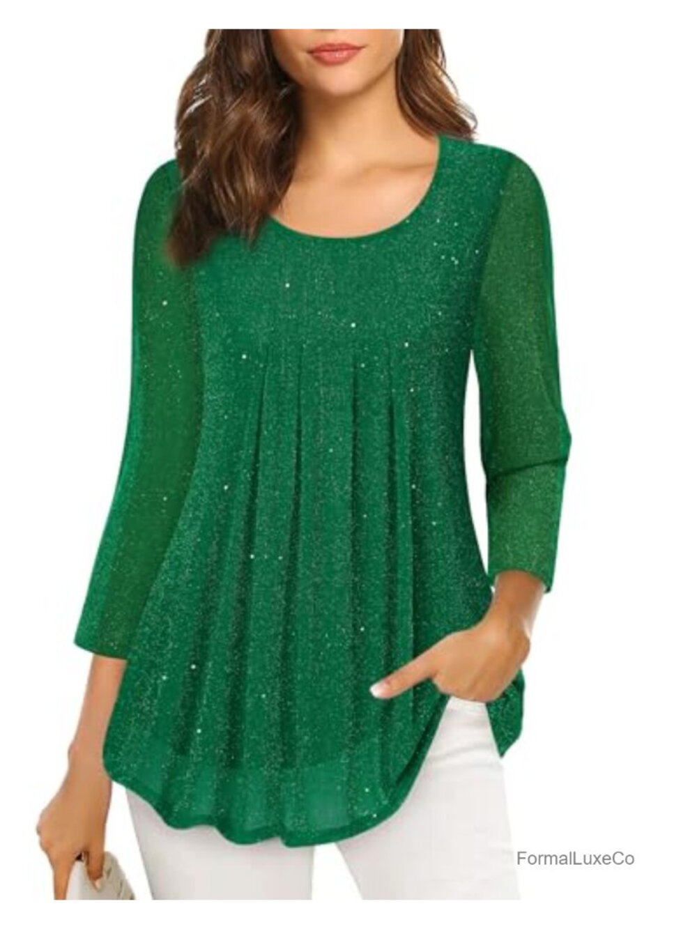 3/4 Sleeve Tunic Top Floral Blouse Pleated Layered Loose Fit Nylon Spandex
